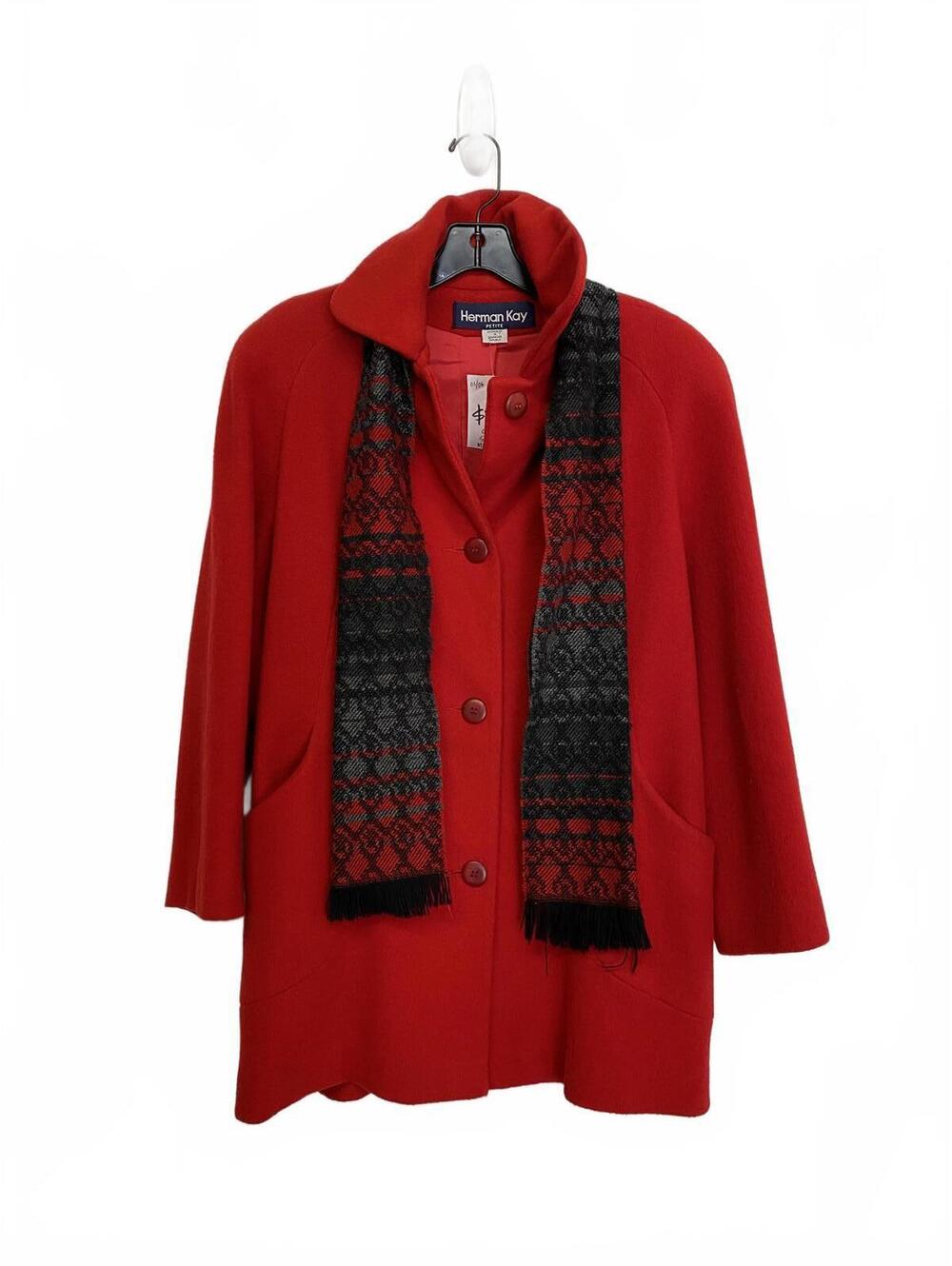 80s Vtg Herman Kay Red Wool Blend Button-Up Coat w/ Patterned Scarf size 6P